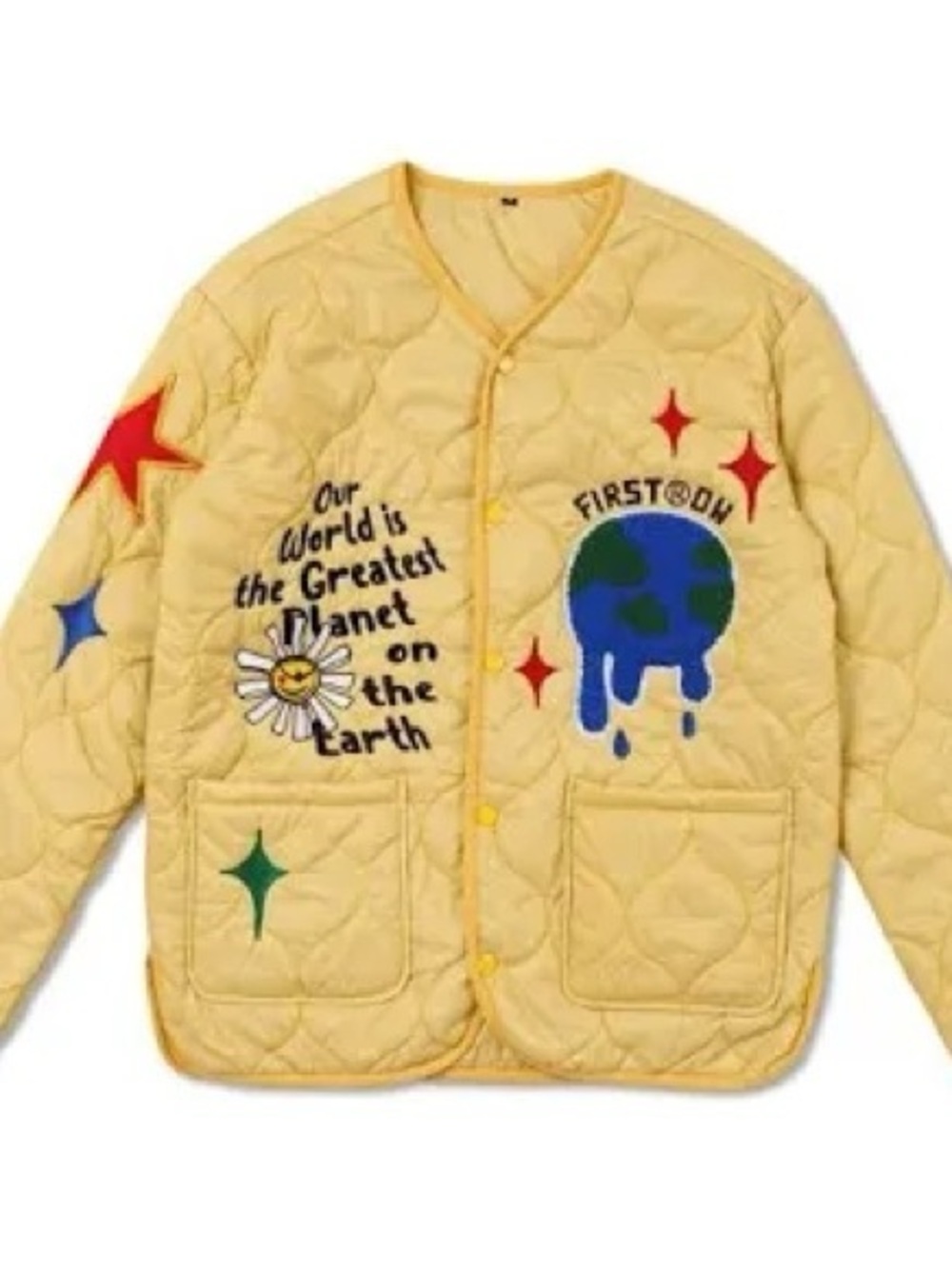 Yellow Quilted Puff Jacket with Planet & Graphic Appliqués